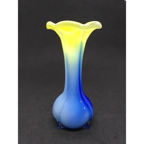 Art glass vase tulip floral style yellow blue swirl Bud Vase 8" - Picture 4 of 12